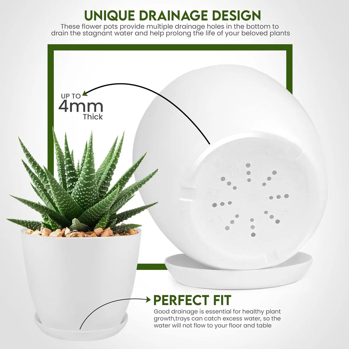Indoor Plant Pot Set White Plastic Five Drainage Holes Modern Planters Office Home
